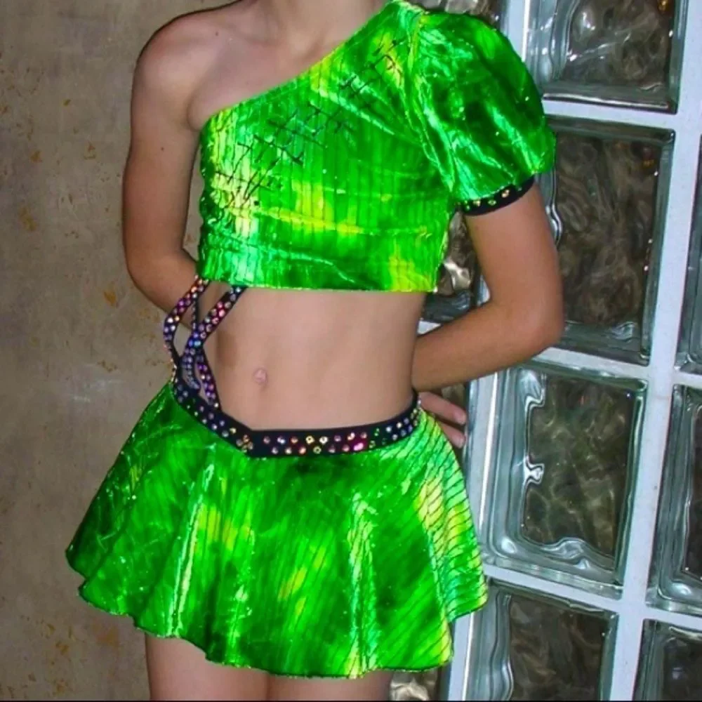 Green One Piece Dance Costume.  Swarovski Crystal adorned.
